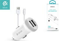 Devia Smart Series Autós 2xUSB töltő (5V / 3.1A) + USB - USB-C Adatkábel 1m - Fehér