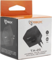 Sbox TA-23 Hálózati 2xUSB utazó adapter 2.1+1A Fekete