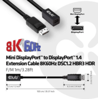 Club3D Mini Displayport - Displayport 1.4 Hosszabbító kábel 1.0m Fekete