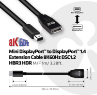 Club3D Mini Displayport - Displayport v1.4 Hosszabbító kábel 1.0m Fekete