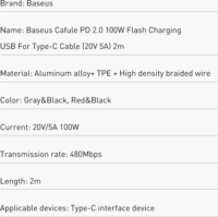 Baseus Cafule USB-C apa - USB-C apa Adat- és töltőkábel 2m - Fekete/Szürke