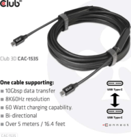 Club3D USB-C apa - USB-C apa Adat-és töltőkábel 5m - Fekete