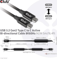 Club3D USB-C apa - USB-C apa Adat-és töltőkábel 5m - Fekete