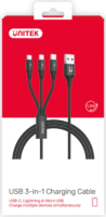 Unitek C14049BK USB-A apa 2.0 - Micro USB-B/USB-C/Lightning apa iPhone Töltőkábel - Fekete (1.2m)