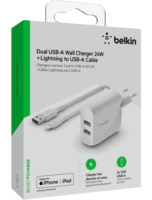 Belkin Boost Charge Dual USB-A Hálózati töltő + USB-A apa - Lightning apa töltőkábel - Fehér (24W)