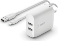 Belkin Boost Charge Dual USB-A Hálózati töltő + USB-A apa - Lightning apa töltőkábel - Fehér (24W)