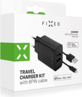 Fixed Hálózati 2xUSB-A töltő + Lightning kábel - Fekete (15W)
