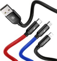Baseus 3-in-1 Cable USB-A apa - Lightning/Micro USB/USB-C apa 2.0 Adat és töltőkábel - Fekete/Piros/Kék (0.3m)