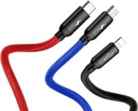 Baseus 3-in-1 Cable USB-A apa - Lightning/Micro USB/USB-C apa 2.0 Adat és töltőkábel - Fekete/Piros/Kék (0.3m)