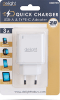 Delight 55047WH USB-C / USB-A Hálózati töltő - Fehér (5V / 3A)