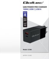 Qoltec 52382 Power Pro 1x USB Type-C / 1x USB Type-A GaN Hálózati töltő - Fekete (100W)