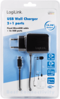 LogiLink PA0157 2x USB-A Hálózati töltő beépített Micro USB kábellel - Fekete (10.5W)