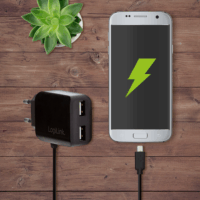 LogiLink PA0157 2x USB-A Hálózati töltő beépített Micro USB kábellel - Fekete (10.5W)