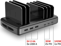 Lindy 73436 3x USB Type-A / 3x USB Type-C Hálózati töltő - Fekete (160W)
