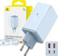 Baseus GaN6 Pro 2x USB-C / 2x USB-A Hálózati Gyorstöltő Adapter 65W + USB-C kábel - Kék