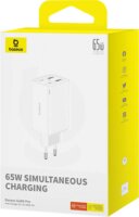 Baseus GaN6 Pro 2x USB-C / 2x USB-A Hálózati Gyorstöltő Adapter 65W + USB-C kábel - Fehér