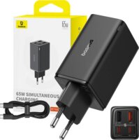 Baseus GaN6 Pro 2x USB-C / 2x USB-A Hálózati Gyorstöltő Adapter + USB-C kábel 65W - Fekete