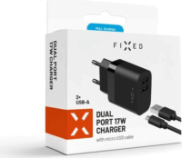 Fixed Dual Travel 2x USB Type-A Hálózati töltő + MicroUSB kábel - Fekete (17W)