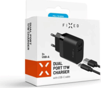 Fixed Dual Travel 2x USB Type-A Hálózati töltő + USB Type-C kábel - Fekete (17W)