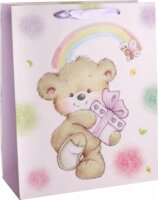 Maci ajándékkal Glitteres Szalagfüles Papír ajándéktasak (18 x 23 cm) - Rózsaszín