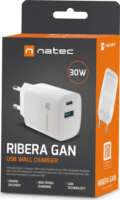 Natec Ribera GaN USB-C / USB-A Hálózati Gyorstöltő Adapter 30W - Fehér