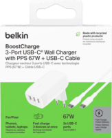Belkin BoostCharge 3x USB Type-C Hálózati töltő + USB Type-C kábel - Fehér (67W)