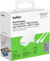Belkin BoostCharge 3x USB Type-C Hálózati töltő + USB Type-C kábel - Fehér (67W)