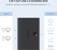 Ugreen 1x USB 2.0 - 2x USB HUB type-c B megosztási kapcsoló doboz - Fekete
