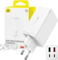 Baseus GaN6 Pro 2x USB-A / 2x USB-C Hálózati Gyorstöltő Adapter 100W + USB-C Kábel - Fehér