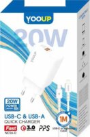 Yooup NC56-D USB-A / USB-C Hálózati Töltő Adapter 20W + USB-C/Lightning kábel - Fehér