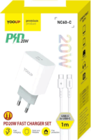 Yooup NC60-C USB-C Hálózati Töltő Adapter 20W + USB-C kábel - Fehér