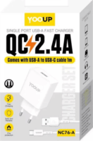 Yooup NC76-A USB-A Hálózati Töltő Adapter 12W + USB-C kábel - Fehér