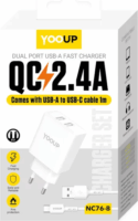 Yooup NC76-B 2x USB-A Hálózati Töltő Adapter 12W + USB-C kábel - Fehér