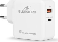 Bluestork PW-BS-65-GAN-C-A-W USB-A / USB-C Hálózati Gyorstöltő Adapter 65W + USB-C kábel - Fehér