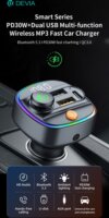 Devia ST112513 Smart Bluetooth PD+QC 2xUSB Autós gyorstöltő 30W - Fekete