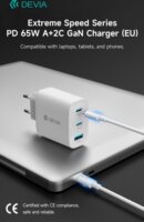 Devia Extreme Speed USB - 2xType-C Hálózati Gyorstöltő Adapter 65W - Fehér