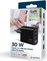 Gembird A-UC-PDQC30LCD 2xUSB-A / USB-C Hálózati Gyorstöltő Adapter 30W - Fekete