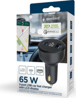Gembird TA-UC-AC2PD65LCD USB-A / USB-C Autós Gyorstöltő 65W - Fekete