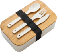 Iris KT-254-W Uzsonnás doboz evőeszköz szettel 1.4L - Fehér / Fa