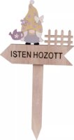 Földbe szúrható fa dekoráció „Isten hozott" felirattal és manó figurával 14x31cm