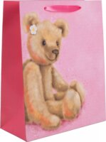 Szalagfüles papír Ajándéktasak Nosztalgia maci mintával (26 x 32 cm) - Rózsaszín/Mintás