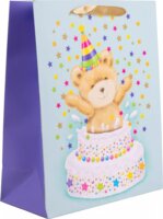 Szalagfüles papír Ajándéktasak Maci tortában mintával (18 x 23 cm) - Kék/Mintás