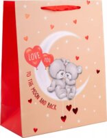 Szalagfüles papír Ajándéktasak Macik a Holdon mintával (11 x 14 cm) - Piros/Mintás