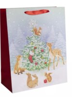 Karácsonyfa és erdei állatok mintás Szalagfüles papír Ajándéktasak (18 x 23 cm)