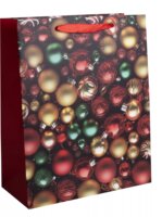 Karácsonyfa díszek mintás szalagfüles papír Ajándéktasak (26 x 32 cm) - Bordó/mintás