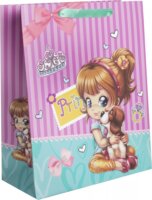 Kislány kutyával mintás Szalagfüles papír ajándéktasak (18 x 23 cm) - Rózsaszín/mintás