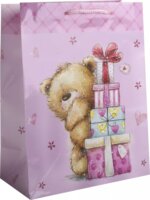 Maci ajándékokkal mintás szalagfüles papír ajándéktasak (18 x 23 cm) - Rózsaszín/Mintás