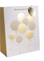Születésnapi Happy Birthday feliratos Szalagfüles papír ajándéktasak (11 x 14 cm) - Arany/Fehér