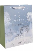 Iris Karácsonyi Merry Christmas feliratos szalagfüles papír ajándéktasak (18 x 23 cm) - Kék/Zöld