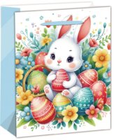 Fehér nyuszi húsvéti tojásokkal mintás szalagfüles papír ajándéktasak (18 x 23 cm)